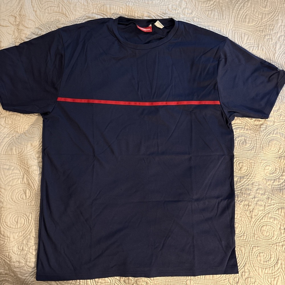 UNION BAY Navy Short Sleeve Pullover Crew Blue Red Chest Stripe Men's XL